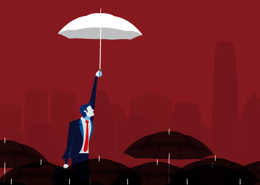 Ilustração: fundo vermelho com silhuetas de prédios. No primeiro plano estão vários guarda-chuvas pretos. Um homem de terno e gravata, flutua com um guarda-chuva branco, destacando-se da multidão.