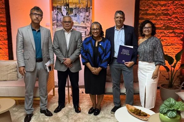 André Curvello, diretor de Comunicação da CNI; Maurício Gouvea dos Santos, CEO do Grupo Alubar; Rochelle Ford, CEO da Page Society; Hamilton dos Santos, diretor-executivo da Aberje; e Mônica Alvarez, gerente de Comunicação Corporativa da Alubar Global Management e diretora do capítulo Aberje Amazônia